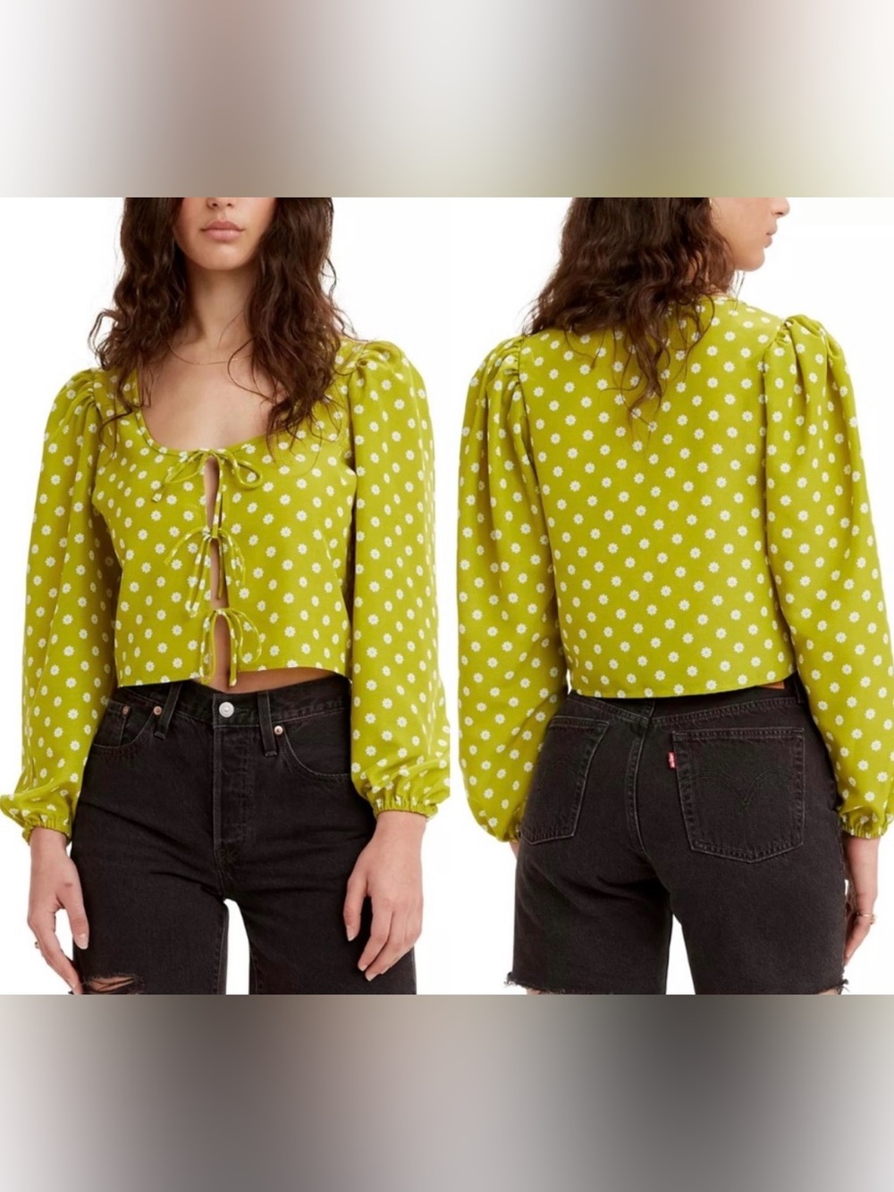 Levi's Embry Tie Front Blouse Sweet Daisy Split Pea Green Puff Sleeve Top XL
